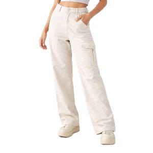 American Eagle Wide Leg Cargo Pants Womens 18 Cream High Rise Stretch NEW NWOT